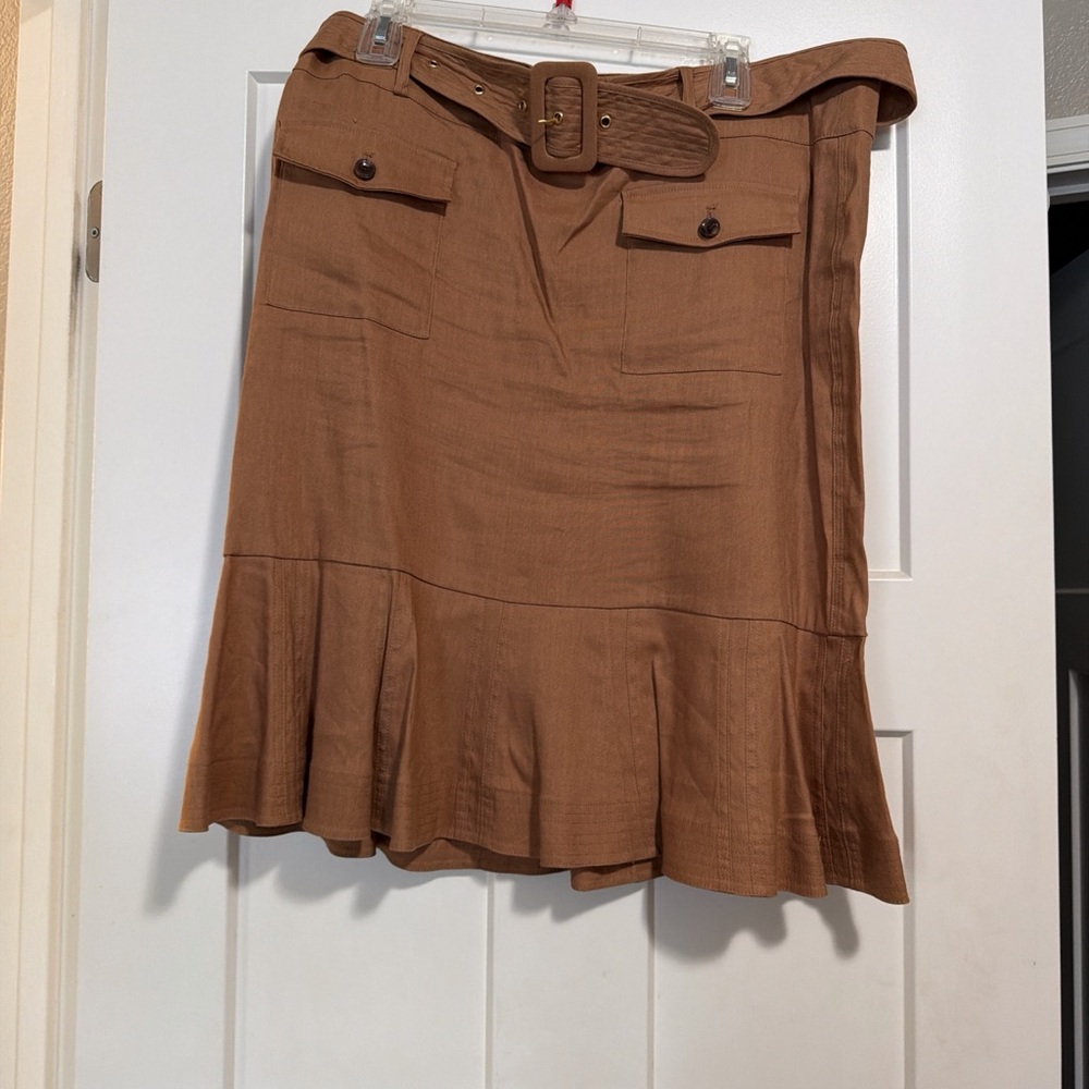 Calvin Klein Camel Brown Midi Belted Ruffle-Hem Skirt